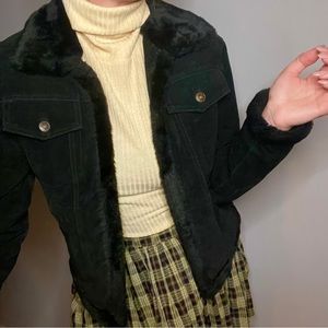 Suede jacket with faux fur trim